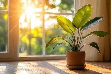 Fototapeta premium A vibrant green plant is placed in a decorative pot, resting elegantly on a wooden table, creating a refreshing indoor ambiance.