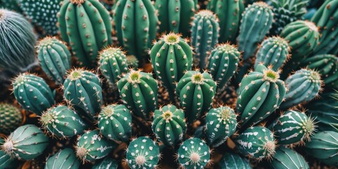 Fototapeta premium Diverse collection of various cacti species arranged closely with distinct shapes and textures in natural lighting