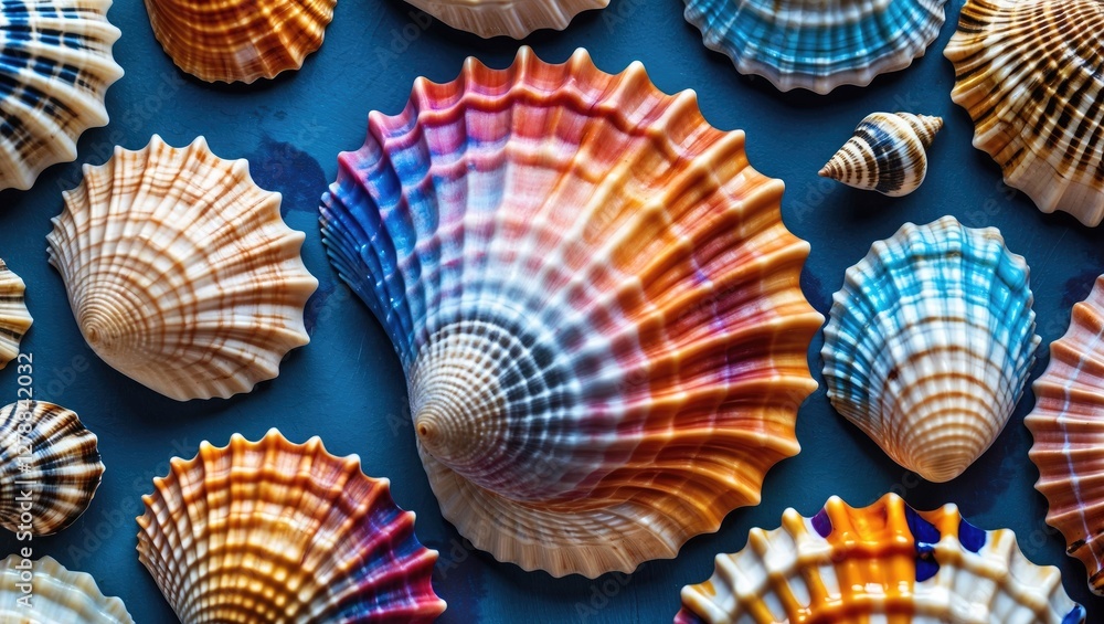 Poster colorful seashells arranged on a blue background displaying various shapes and patterns in a detaile