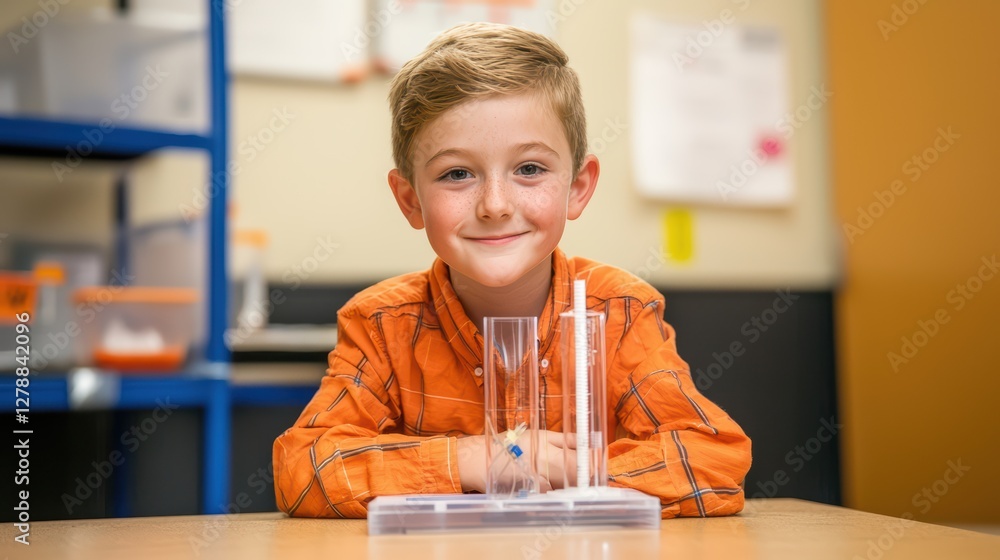 Poster smiling child with test tubes in science class experiment setting