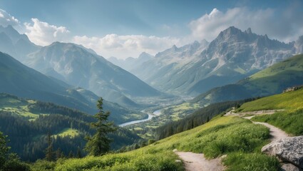 Fototapeta premium Mountain landscape with lush green valley, winding river, and majestic peaks under a blue sky with scattered clouds.