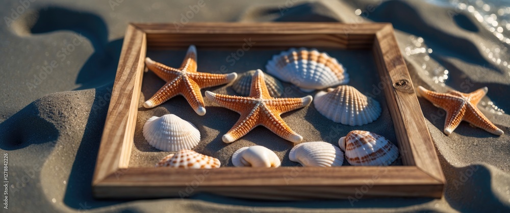 Poster wooden frame with assorted seashells and starfish arranged on sandy beach background illuminated by 