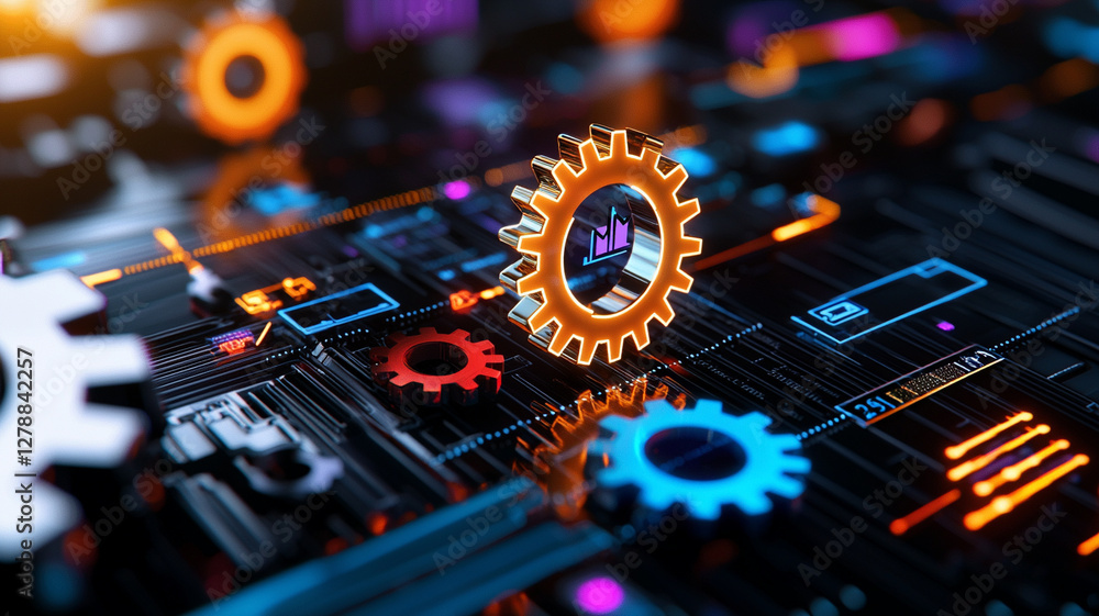 Poster macro view of intricate circuit board featuring floating gears in vibrant colors symbolizing innovat
