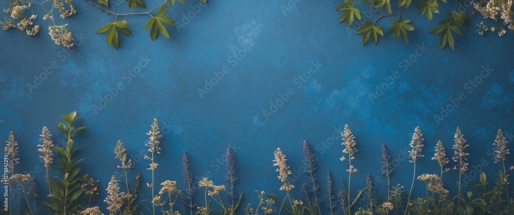 Poster blue textured background with assorted flowers and green leaves arranged along the bottom edge creat