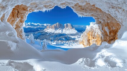 Breathtaking view of mountain range framed by a cave entrance with natural wonders