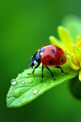 Obraz premium Delicate ladybug sitting on a dewy green flower petal, soft focus background, water droplets, soft focus