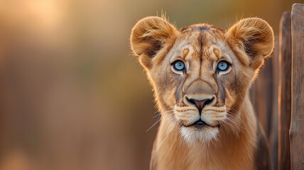 Fototapeta premium Close up of lioness with striking blue eyes, showcasing her majestic features and captivating expression in warm, natural setting