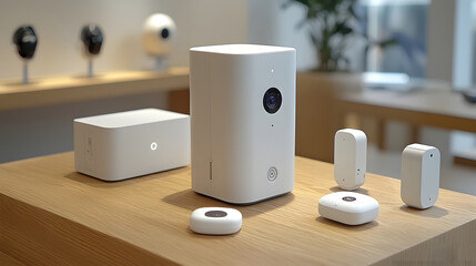 The image depicts a smart home security system with and motion sensors neatly arranged on a wooden table or shelf in a contemporary living room or home office setting
