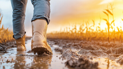 Walking through muddy terrain, person in boots navigates field at sunset, surrounded by tall crops. warm glow of sun enhances serene atmosphere