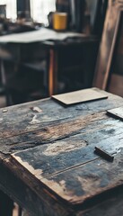 Aged wooden workbench with objects resting on its surface