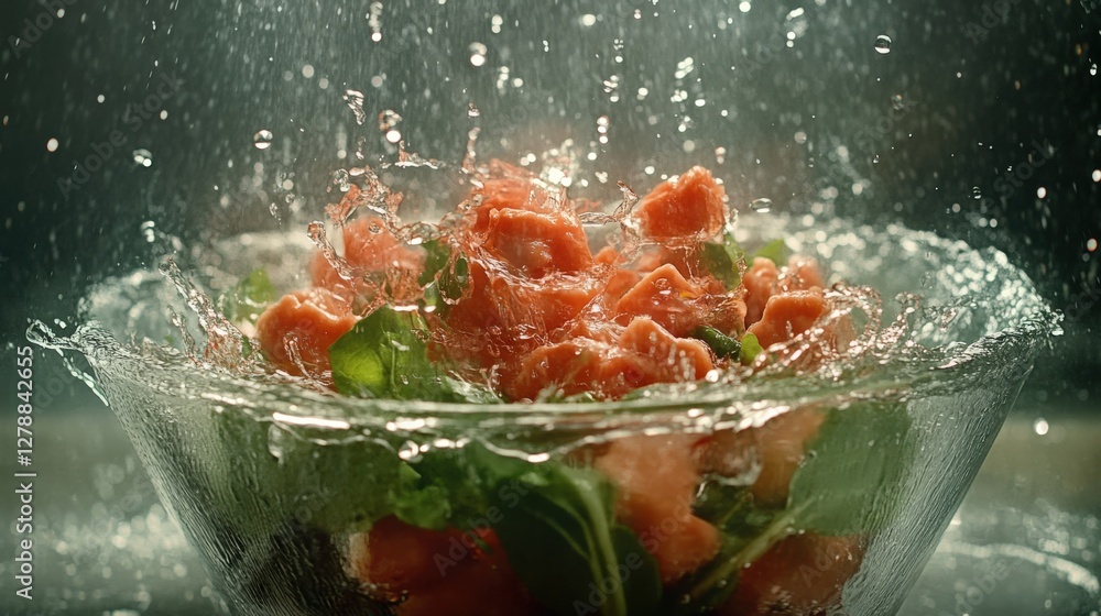 Poster fresh ingredients splashing into a bowl, creating a dynamic scene of vibrant colors and textures
