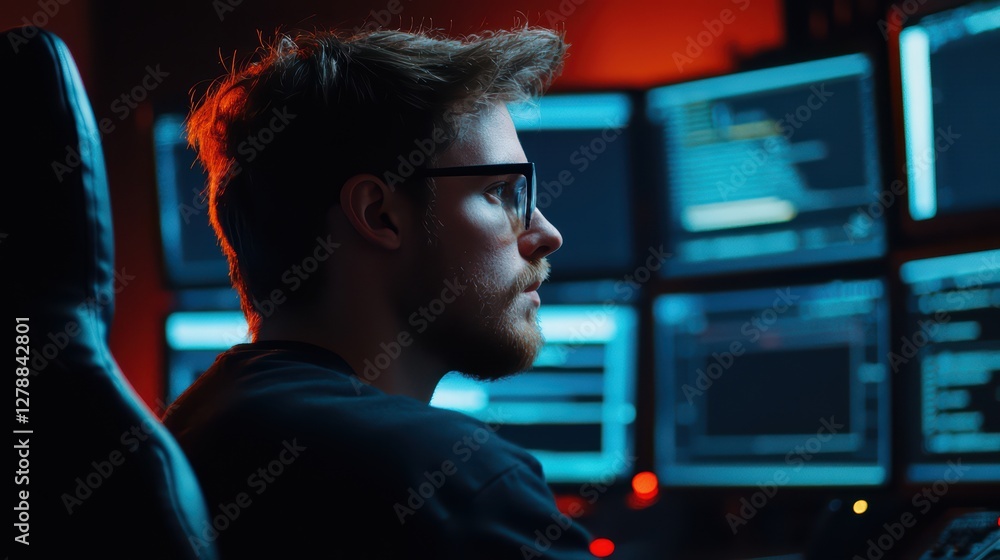 Poster young man concentrating while working on multiple computer screens