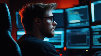 Young Man Concentrating While Working on Multiple Computer Screens