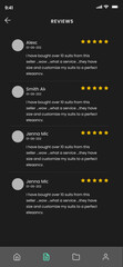 Black Reviews, Opinions & Comments, Review with Star and Comment Dark Screen App UI Kit Template