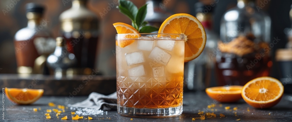 Poster cocktail glass with ice and orange slice on bar counter with blurred bottles in background