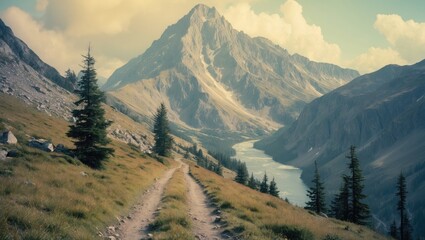 Obraz premium Mountain landscape with a winding path, river, and pine trees under a cloudy sky in a tranquil alpine environment.
