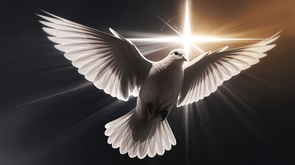 A white dove flying in front of a cross. Concept of peace and hope