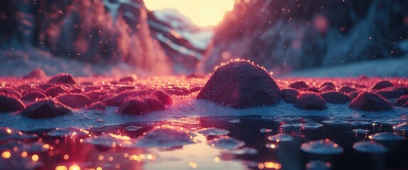 Vibrant sunset reflecting on water with rocks and bubbles in a mountainous landscape illuminated by warm colors