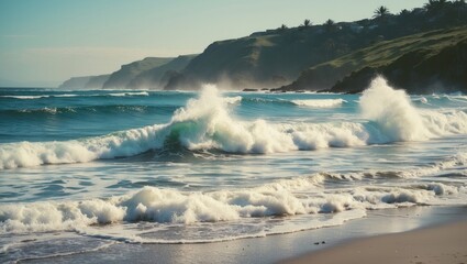 Obraz premium Waves crashing on sandy beach with hills in background under clear blue sky in coastal landscape scene