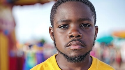 Youthful serious face, amusement park background