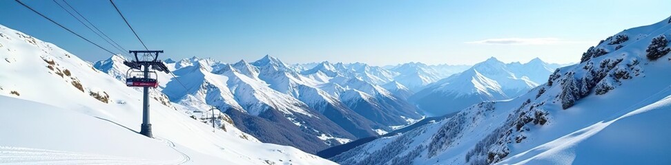 Obraz premium Snowy mountain landscape with ski lift in the distance, cold weather, lift