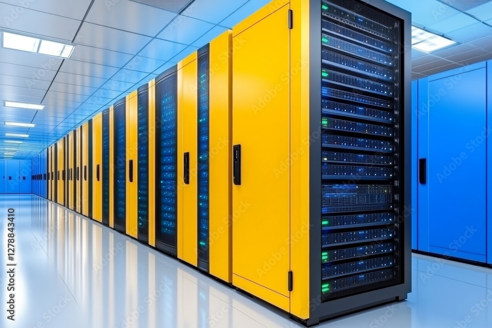 Aufkleber Abstract of modern high tech internet data center room with rows of racks with network and server hardware