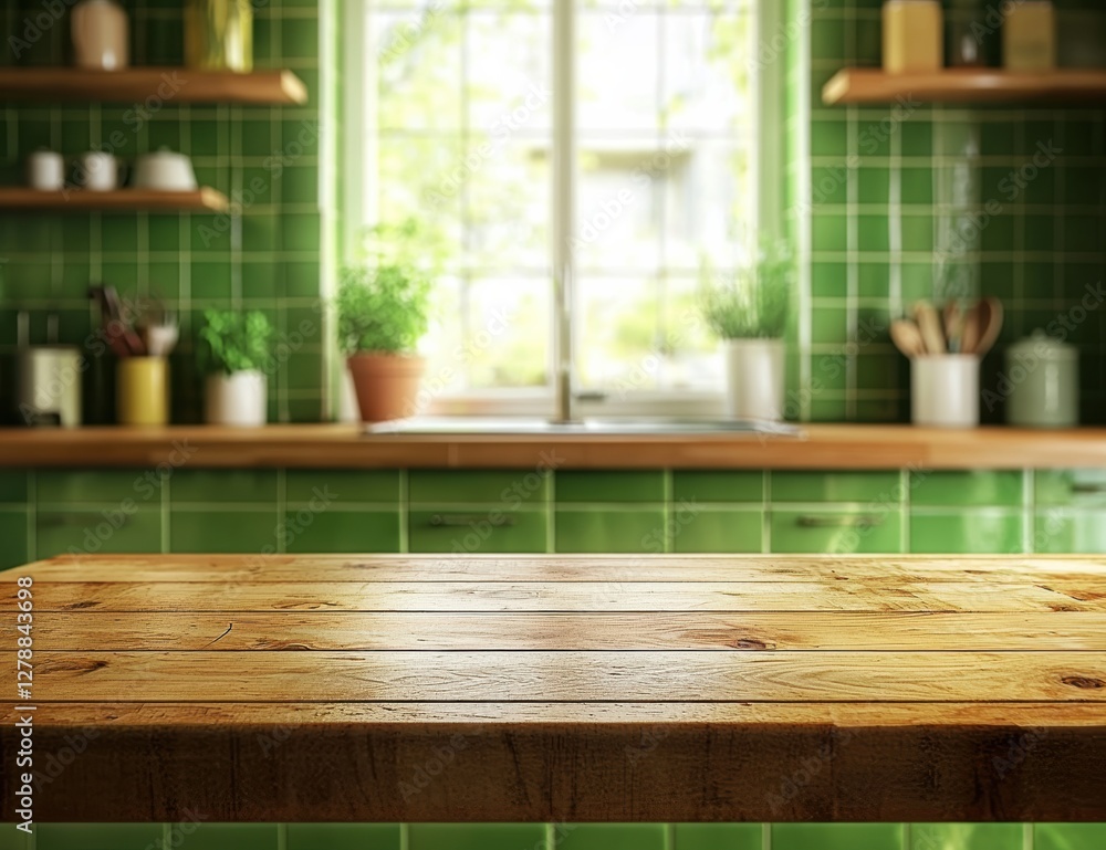 Poster empty wooden table in a green tiled kitchen with window view