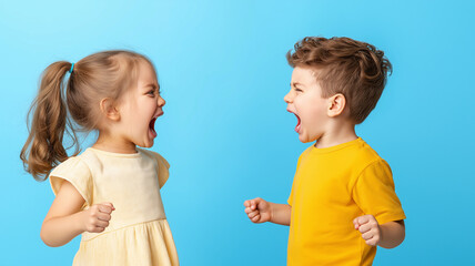 Cute little girl and boy shouting at each other with expressions of anger and determination. Their playful fight showcases childhood emotions against bright blue background