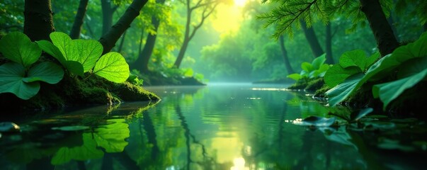 Fototapeta premium Reflective glow of green leaves in a jungle lake at dawn, botanical scene, emerald hue, natural reflection