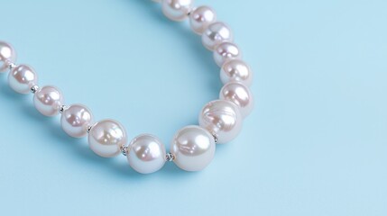 Fototapeta premium Elegant pearl necklace on blue background; jewelry photography for online store
