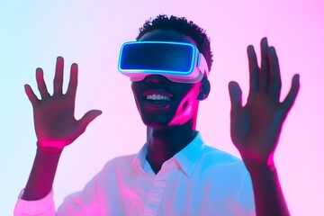Model young man with beard in glasses of virtual reality. Augmented reality, future technology concept. VR. Neon light.Young and diverse group of friends using a vr headset.