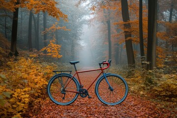 Fototapeta premium A vibrant red bike is parked along a scenic path surrounded by lush greenery in a tranquil wooded area.