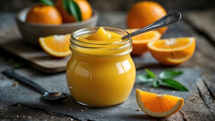 Jar of orange citrus spread with sliced oranges on a wooden table with spoon and bowl in the background