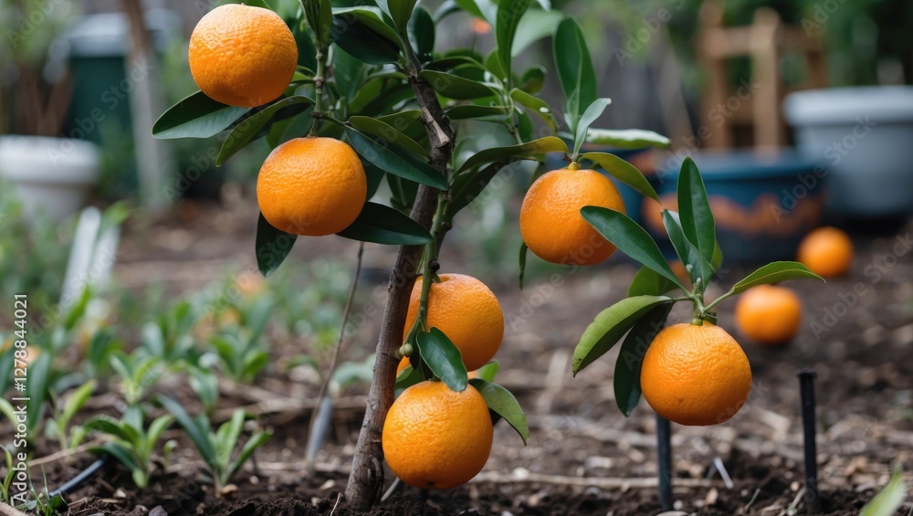 Poster citrus tree with ripe oranges growing on branches in a garden setting surrounded by green foliage an