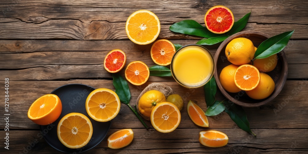 Poster fresh oranges and orange juice on wooden table with sliced oranges and leaves in a rustic setting.