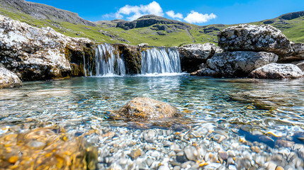 Crystal-clear mountain stream cascading over rocks