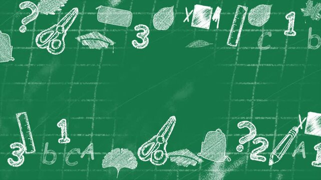 Hand Drawn learning symbol chalk texture on school Chalkboard, Chalk style loop seamless animation 