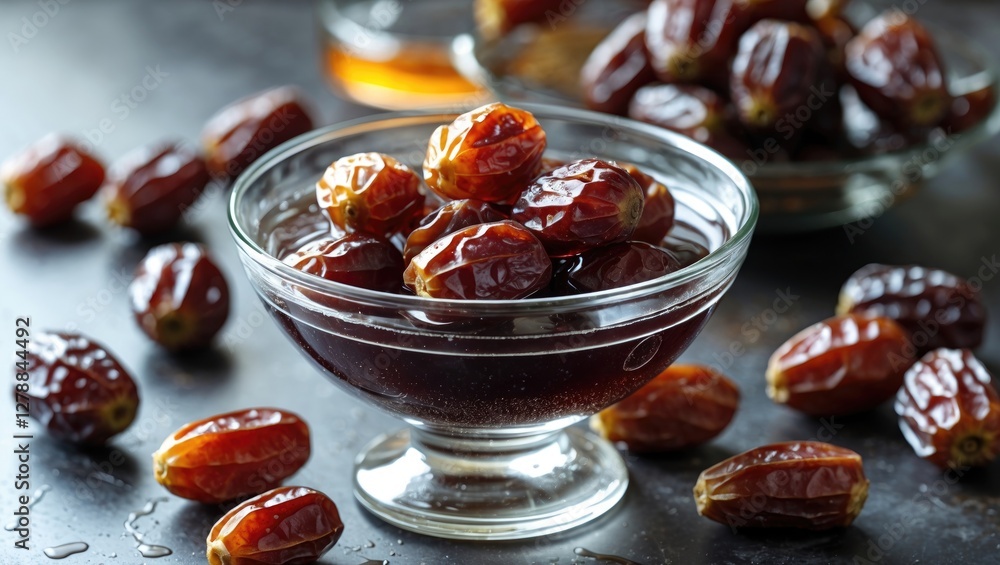 Poster bowl filled with fresh dates surrounded by more dates on a dark surface with water droplets