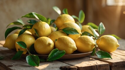 Freshly harvested lemons with green leaves arranged on a wooden table in a rustic setting illuminated by natural light
