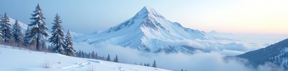 Obraz premium Snowy mountain peak with misty atmosphere and bare trees, landscape, natural