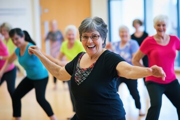Seniors enjoy a lively dance class full of joy and movement in a bright studio