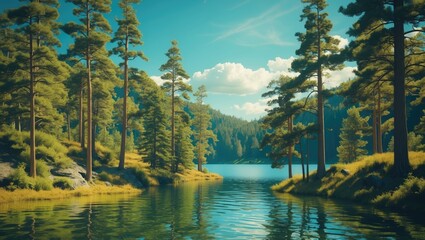 Scenic view of a tranquil lake surrounded by lush green pine trees under a clear blue sky during daytime