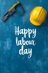 happy labour day concept with safety helmet and blue background