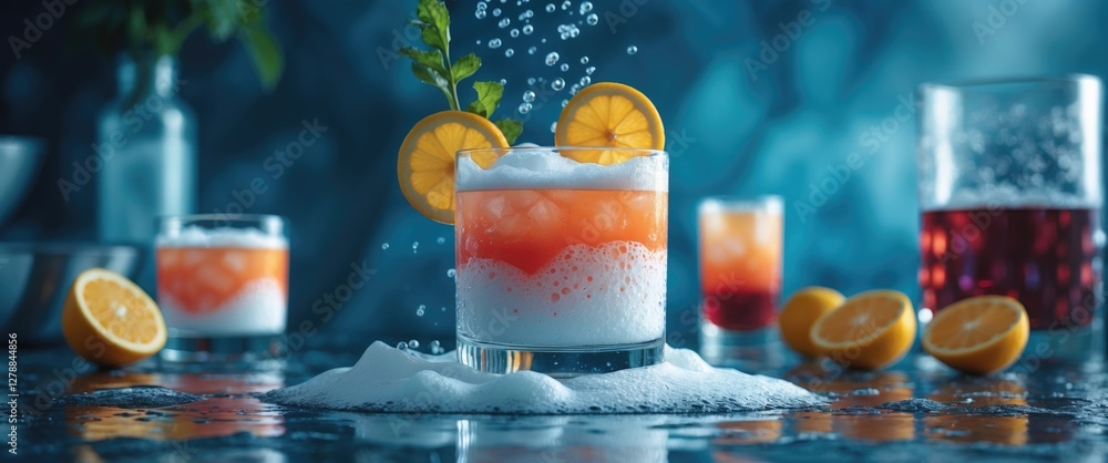 Poster colorful cocktails with foam and lemon garnish on a reflective surface with additional drinks and ci