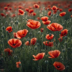 Fototapeta premium A dreamy field of poppies with their red petals slightly blurred in the wind, transparent background.