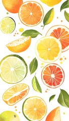 Assorted citrus fruit slices and leaves in a watercolor style