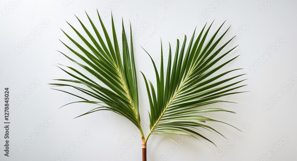 Poster green palm leaves positioned symmetrically against a light background with visible textures and natu