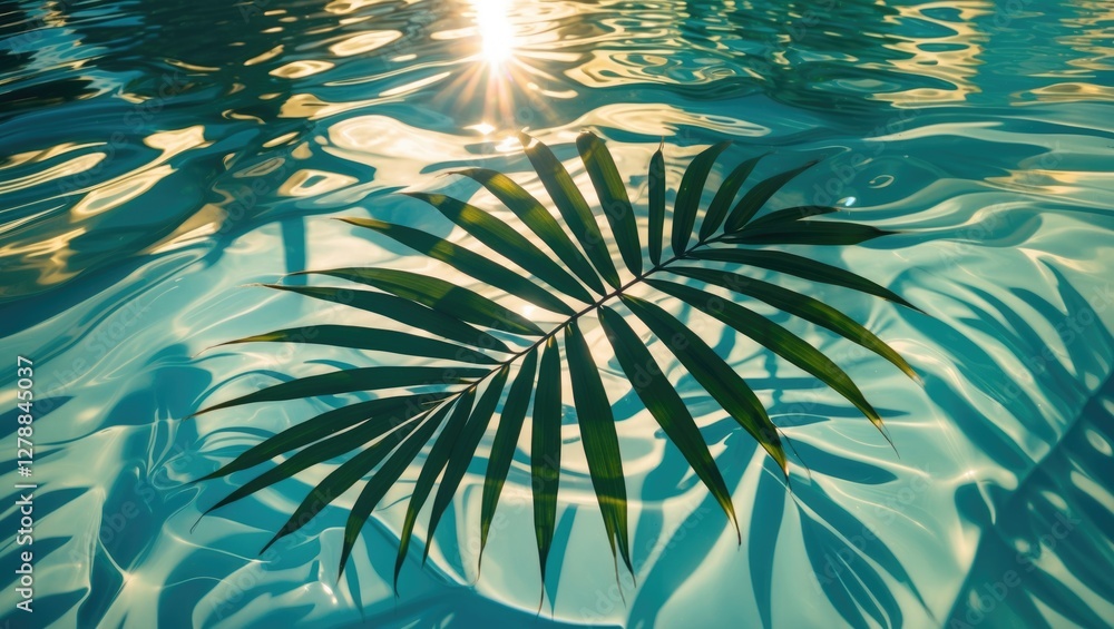 Poster palm leaf floating on the surface of a swimming pool with sunlight reflecting on the water creating 