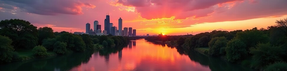 Fototapeta premium River landscape with Colorado River flowing under Austin Texas skyline at sunset, west texas, horizon, colorado river