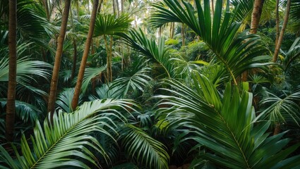 Lush tropical rainforest with dense green foliage and palm trees reflecting natural biodiversity and ecosystem richness